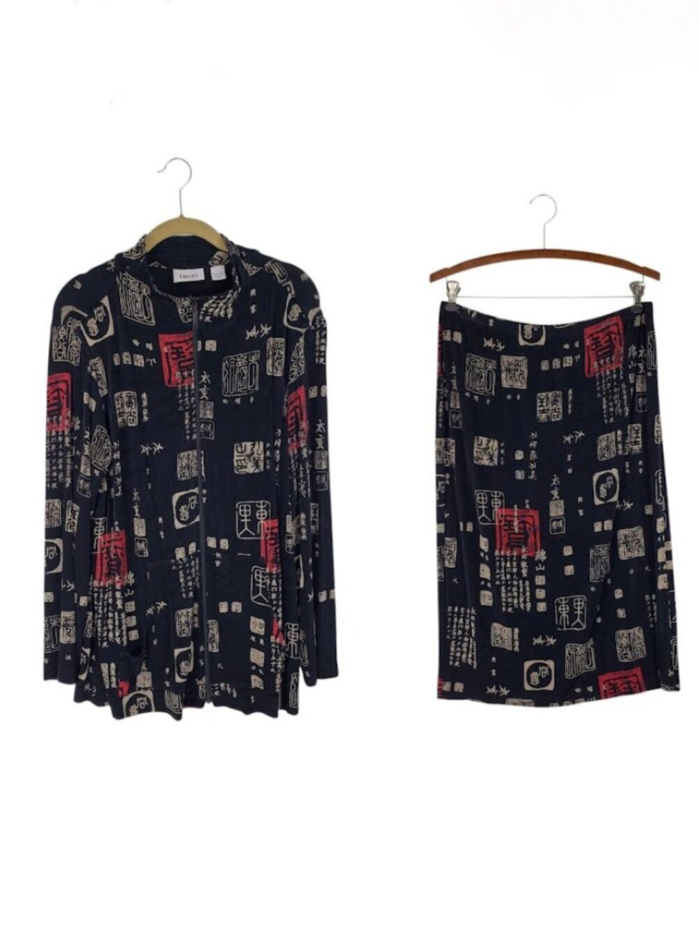 Chicos Travelers 2-Piece Set Zip Jacket & Skirt Asian Print Slinky Womens 2/L